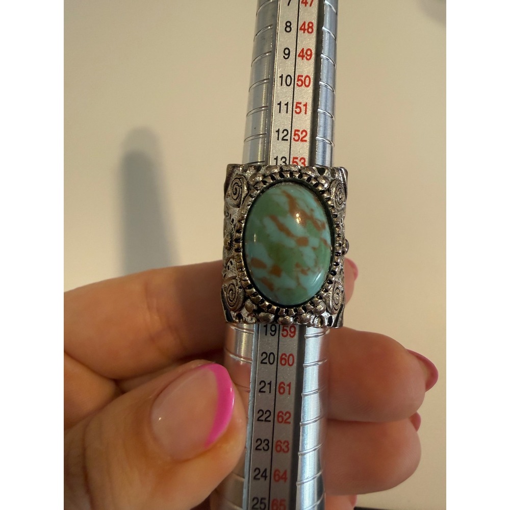 Ornate Silver Tone Statement Ring Oval Green Brown‎ Faux Turquoise Size 7.5 Boho